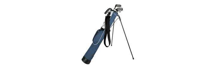 3 golf clubs inside ablue Orlimar Pitch 'N Putt Lightweight Stand Carry Bag with stand legs extended out