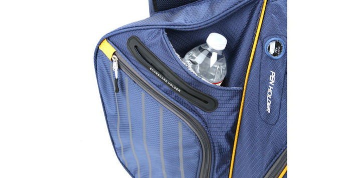 Blue/Yellow Orlimar SRX 14.9 Golf Stand Bag with water bottle inside the hydration sleeve