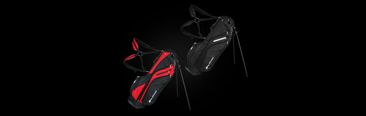 Black/Red Orlimar SRX 5.6 Golf Stand Bag with stand legs extended out next to a Black Orlimar SRX 5.6 Golf Stand Bag with stand legs extended out that is above and to the right