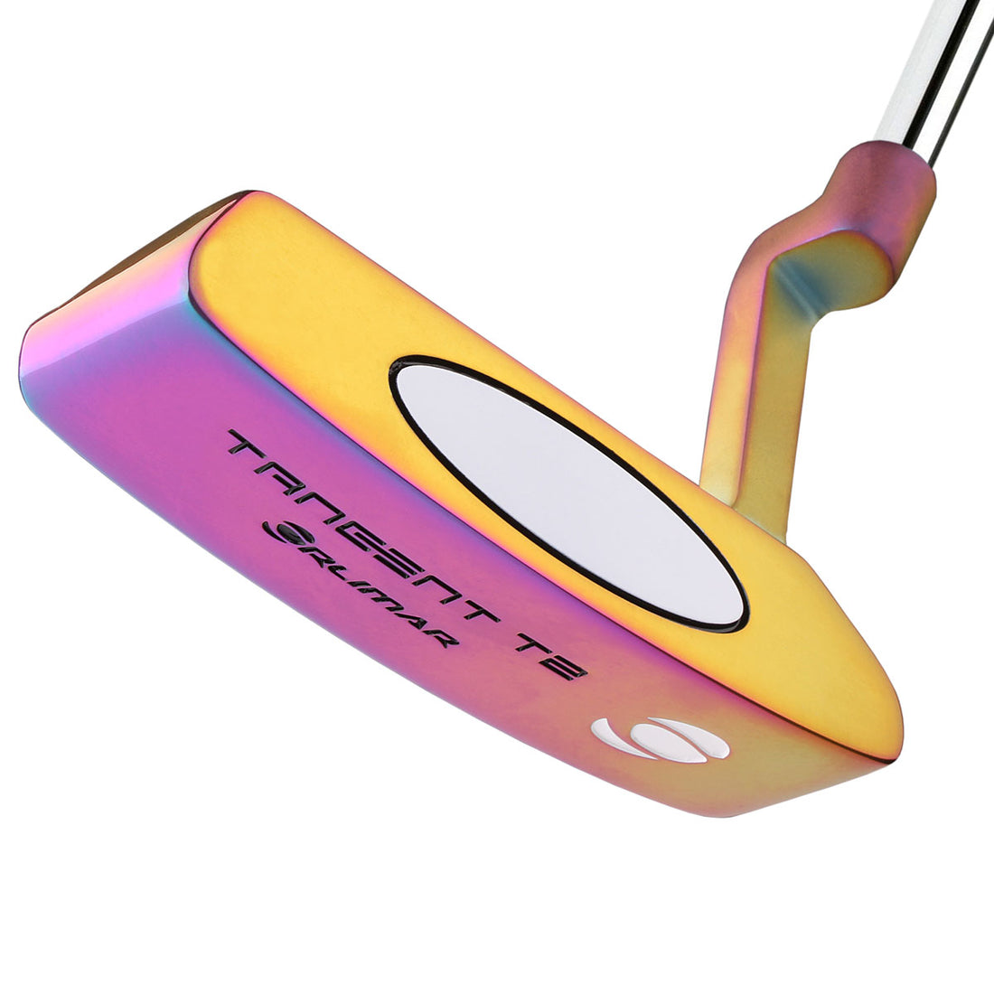 angled face and sole view of the Orlimar Golf Tangent T2 Blade Putter with Chroma PVD Finish