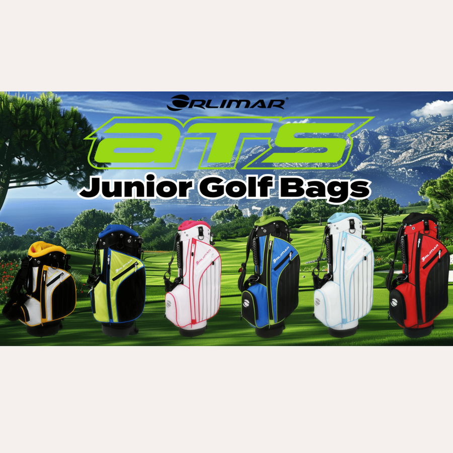 6 different colored and height Orlimar junior golf bags standing with a backdrop of a golf course and mountains in the background