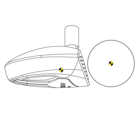 technical diagram of a Orlimar Escape fairway wood in front of a golf ball with both showing their CG location