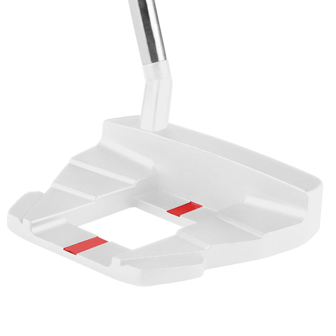 White golf putter with two broken red alignment lines on a white background