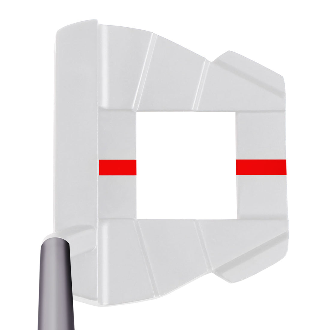 Golf putter head with broken red alignment lines on a white background