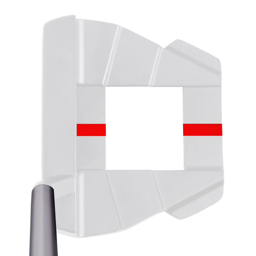 Golf putter head with broken red alignment lines on a white background