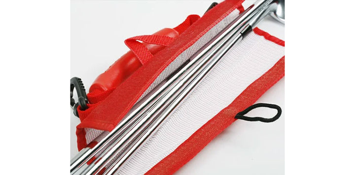 a folded opned red Orlimar Grab 'n Go Portable Golf Club Carrier with 3 golf clubs inside