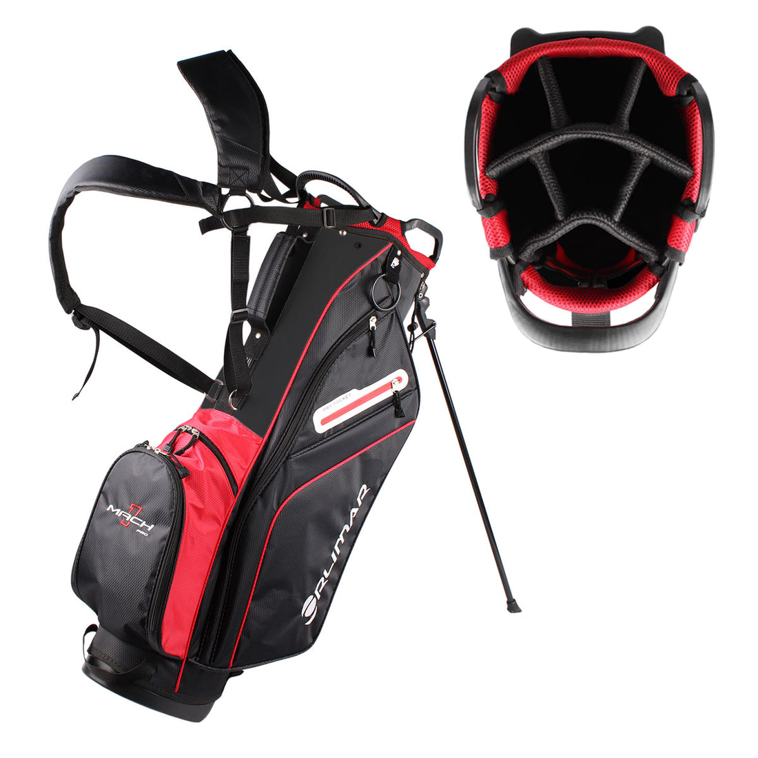Orlimar Mach 1 Pro golf stand bag angled side view plus top view of 7-way divider top