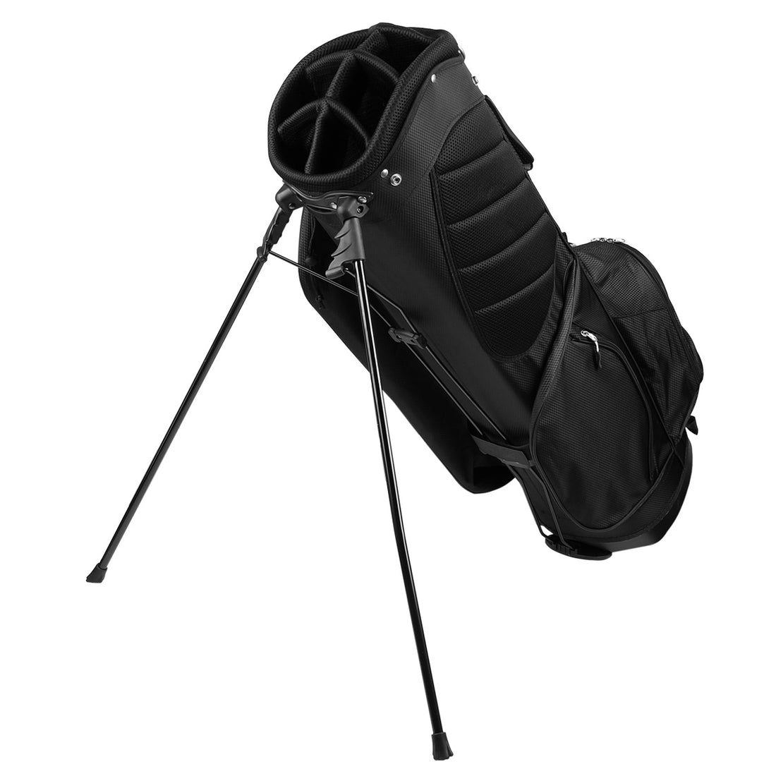 angled left side view of a black Orlimar SRX 7.4 Golf Stand Bag with legs released