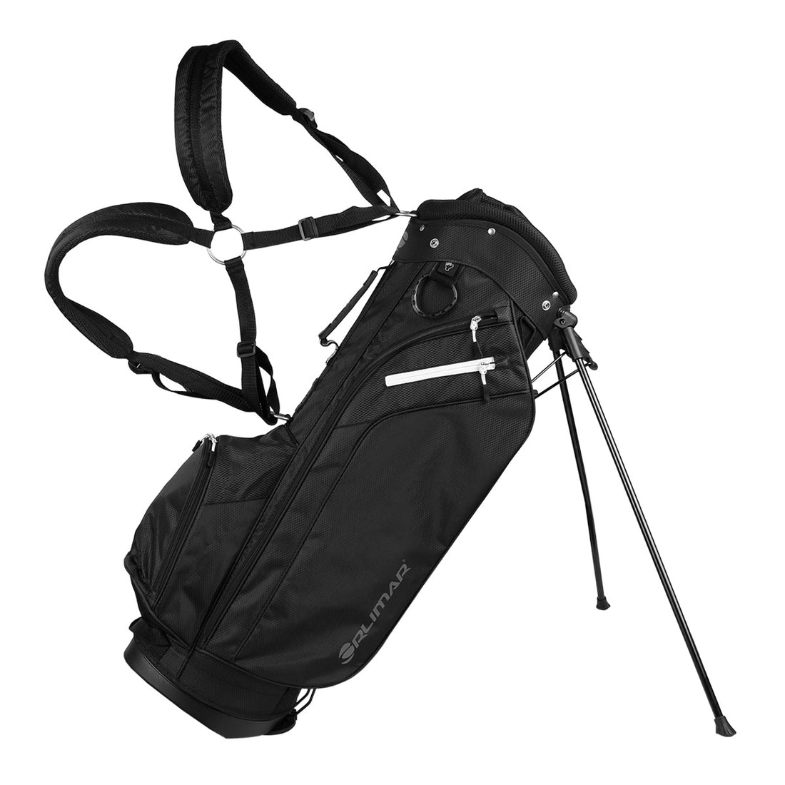 legs released and double padded straps pulled up on a black Orlimar SRX 7.4 Golf Stand Bag