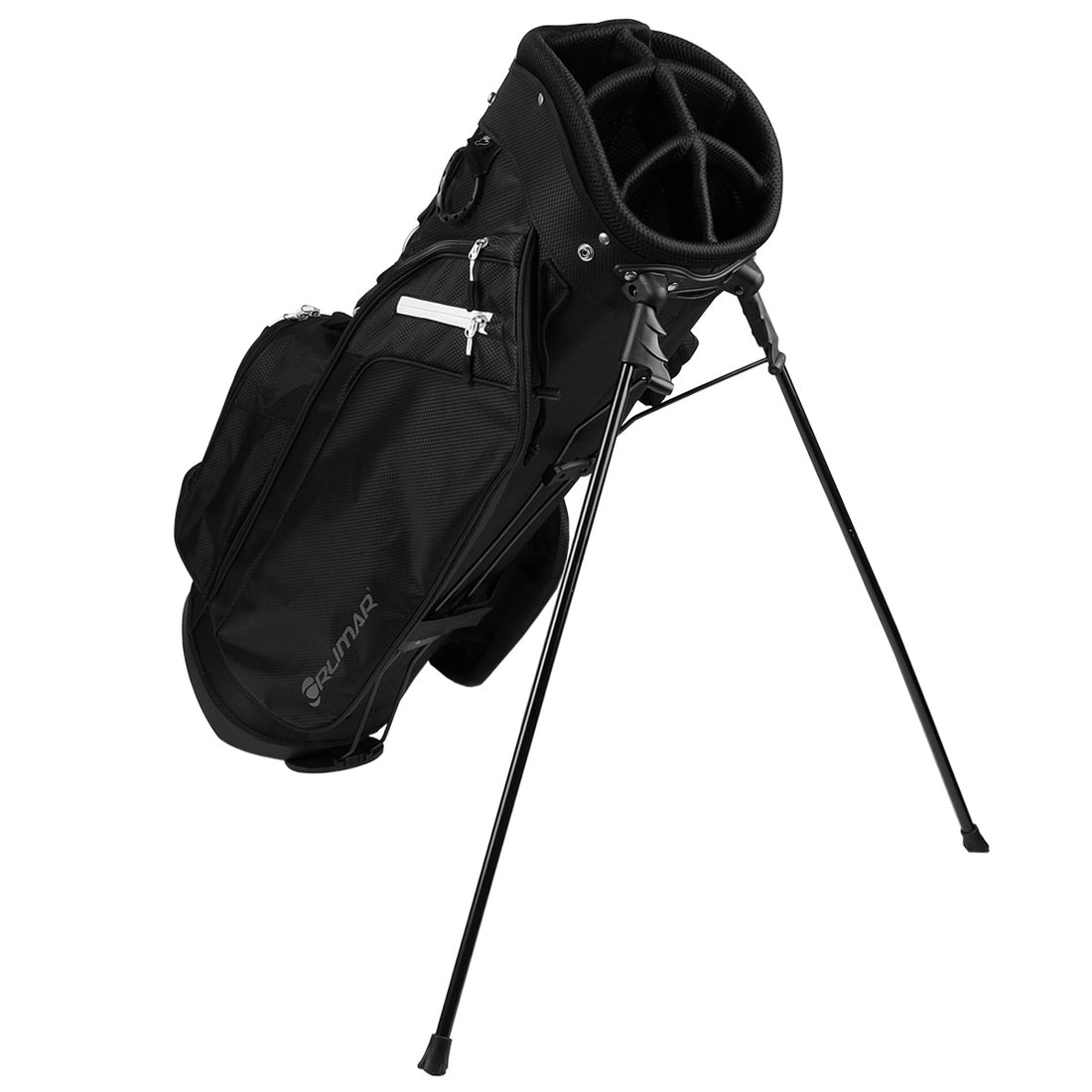 angled right side view of a black Orlimar SRX 7.4 Golf Stand Bag with legs released
