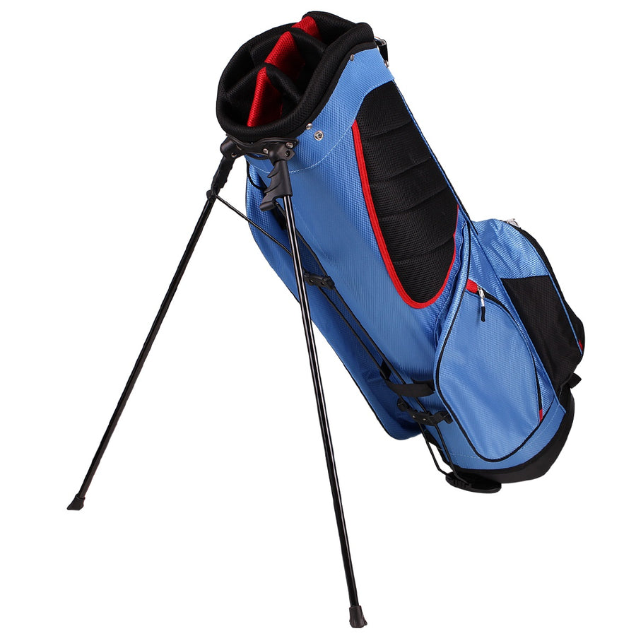 angled left side view of a blue/red Orlimar SRX 7.4 Golf Stand Bag with legs released