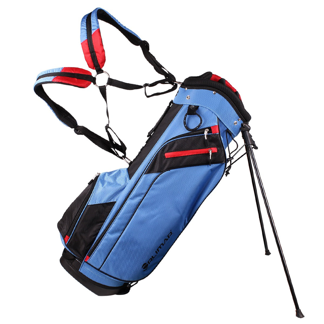 legs released and double padded straps pulled up on a blue/red Orlimar SRX 7.4 Golf Stand Bag