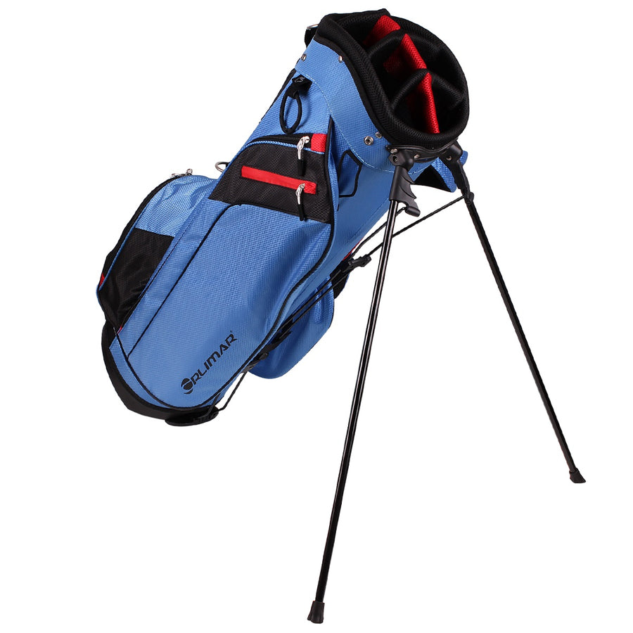 angled right side view of a blue/red Orlimar SRX 7.4 Golf Stand Bag with legs released