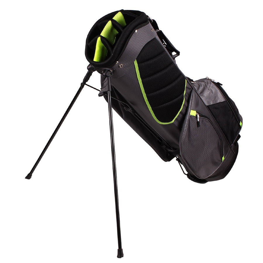 angled left side view of a charcoal/lime Orlimar SRX 7.4 Golf Stand Bag with legs released