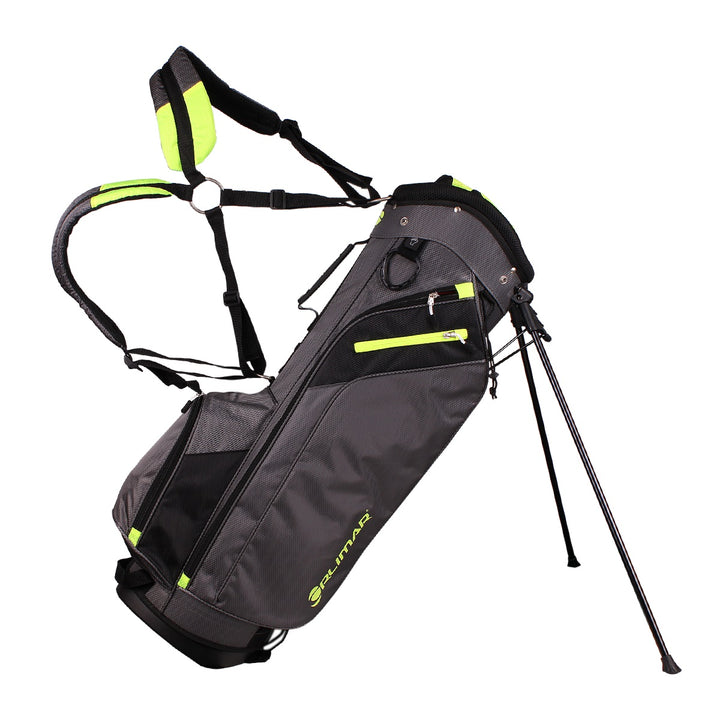 legs released and double padded straps pulled up on a charcoal/lime Orlimar SRX 7.4 Golf Stand Bag