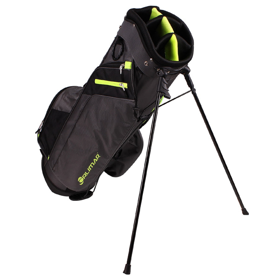 angled right side view of a charcoal/lime Orlimar SRX 7.4 Golf Stand Bag with legs released