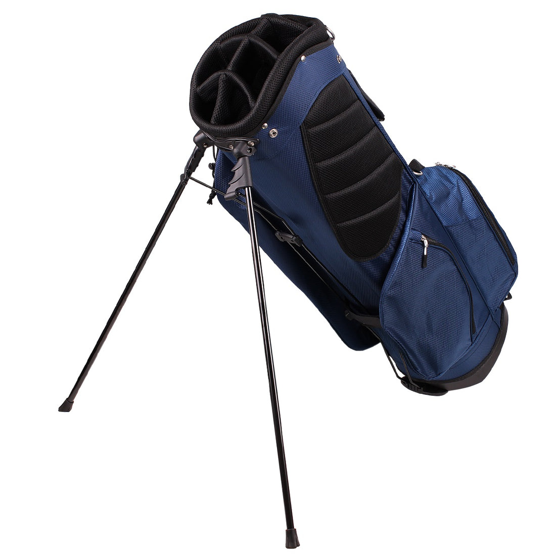 angled left side view of a navy Orlimar SRX 7.4 Golf Stand Bag with legs released