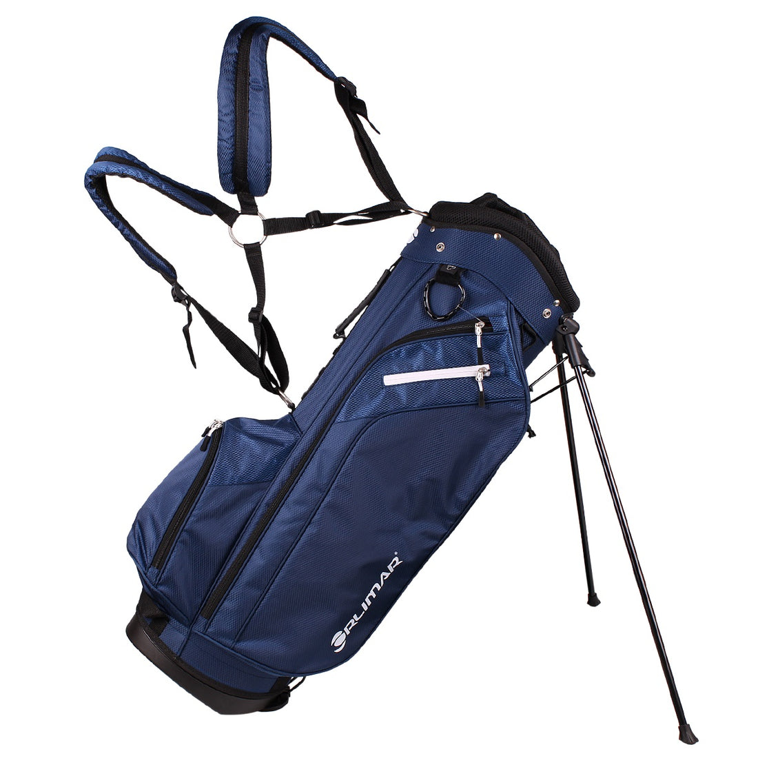 legs released and double padded straps pulled up on a navy Orlimar SRX 7.4 Golf Stand Bag