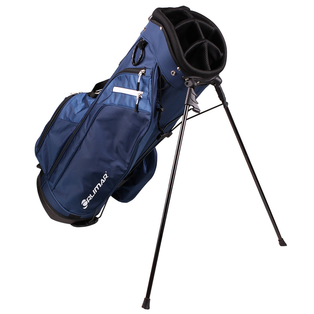 angled right side view of a navy Orlimar SRX 7.4 Golf Stand Bag with legs released