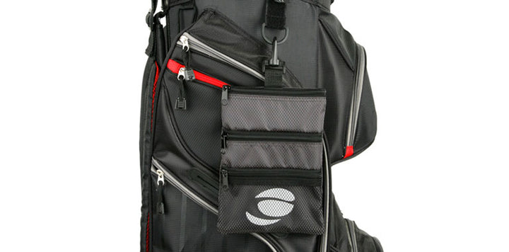 sage grey Orlimar Golf Detachable Accessory Pouch attached to a black golf bag with clip