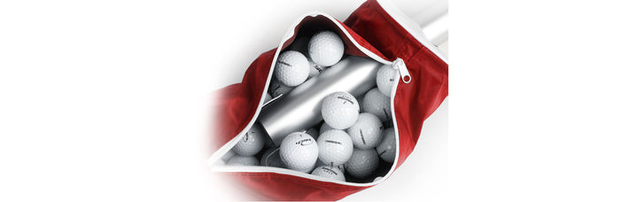 over a dozen white golf balls inside the zippered compartment of a red Orlimar Golf Shag Bag