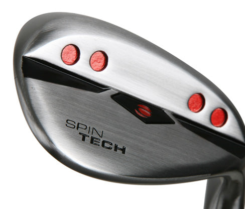 back view of an Orlimar Spin Tech sand wedge with four red bore holes in the muscle area to reduce weight