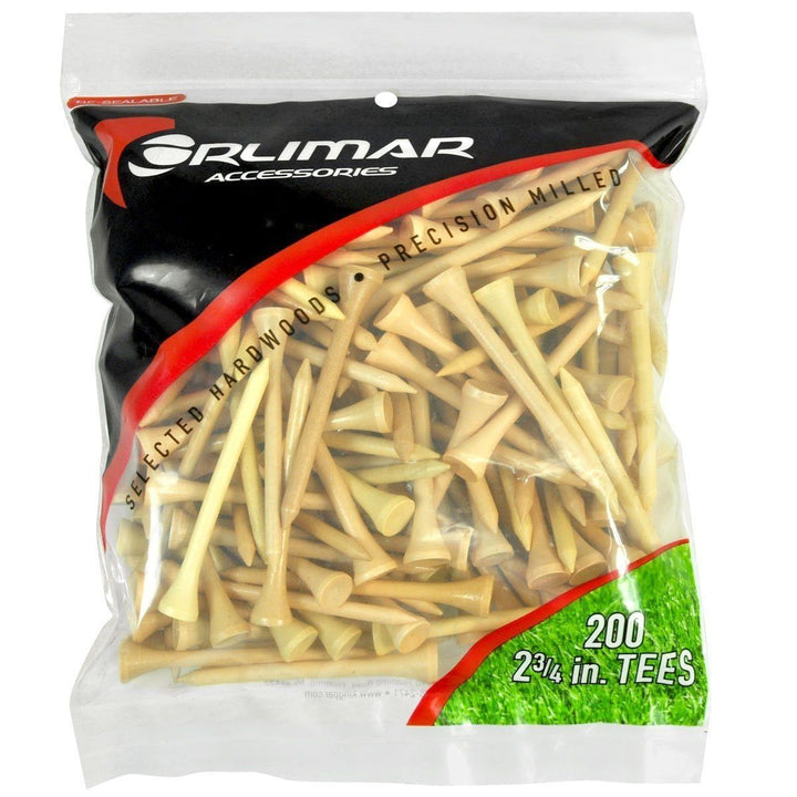 200 pack of 2 3/4" tall natural Orlimar Wooden Golf Tees in resealable packaging