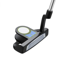 angled top and face view of an Orlimar ATS Junior Boys' Blue/Lime Series semi-mallet putter