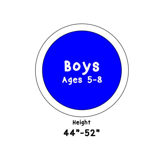 icon with Boys Ages 5-8 in blue circle and text Height 44" - 52"