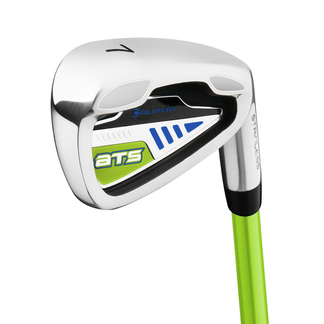 angled cavity back view of an Orlimar ATS Junior Lime/Blue Series 7 iron