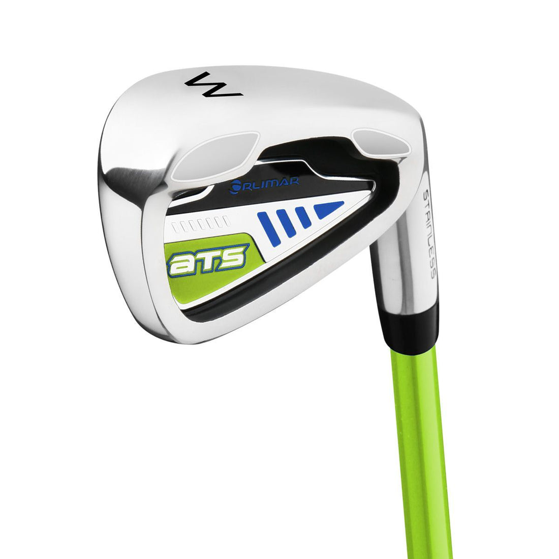 angled cavity back view of an Orlimar ATS Junior Lime/Blue Series pitching wedge