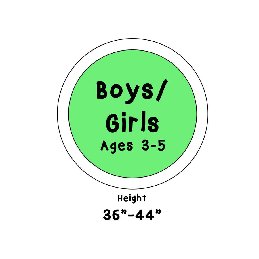 icon with Boys/Girls Ages 3-5 in lime green circle and text Height 36" - 44"