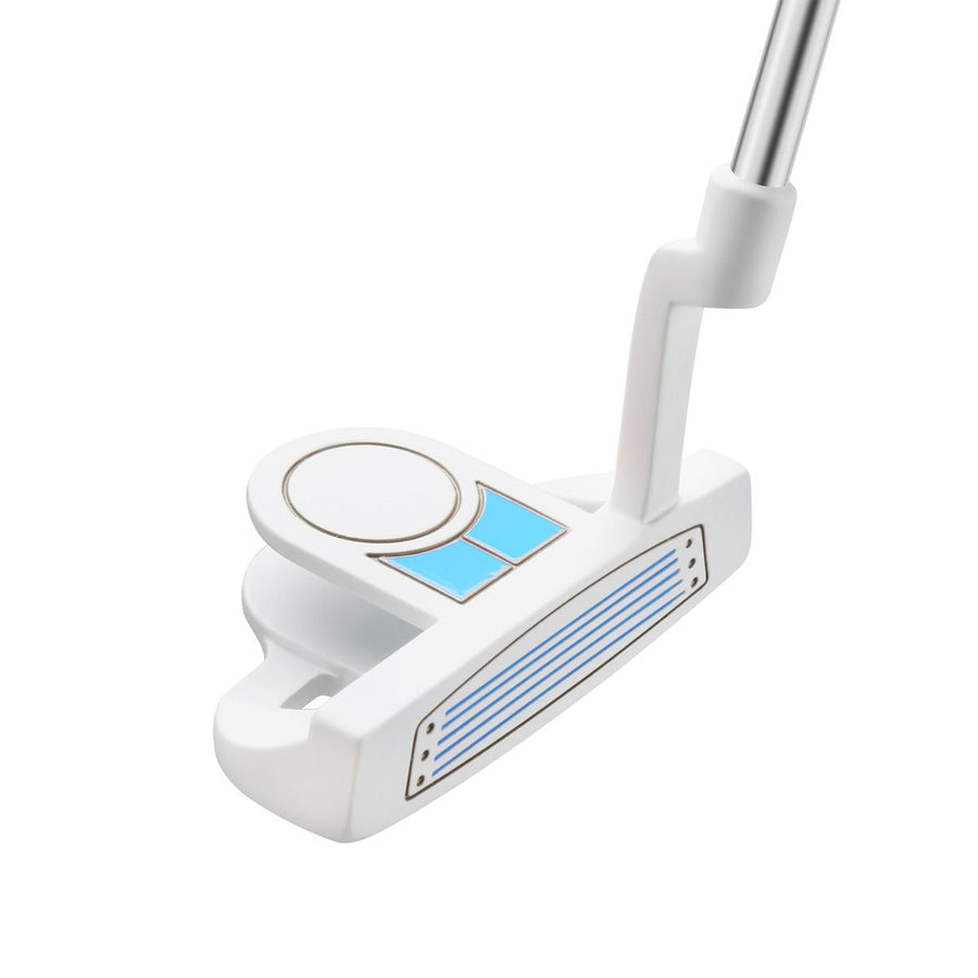 angled top and face view of an Orlimar ATS Junior Girls Sky Blue Series white putter with soft white face insert