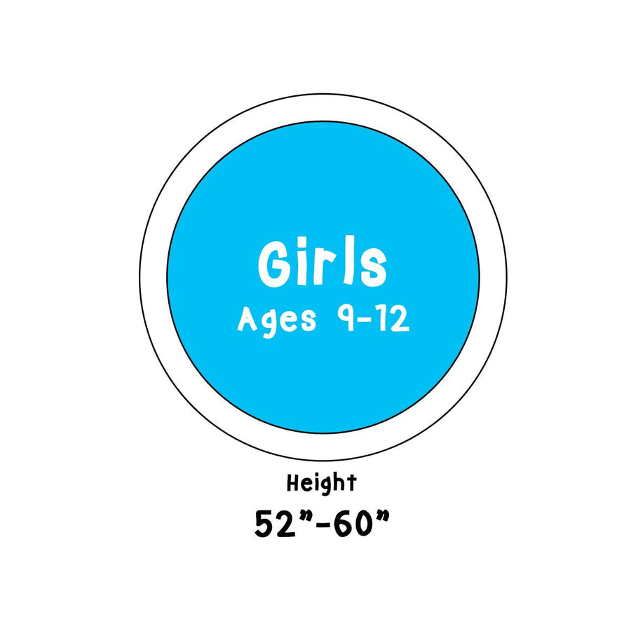 icon with Girls Ages 9-12 in sky blue circle and text Height 52" - 60"