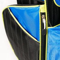 side pocket on a black, blue and lime green Orlimar ATS Junior Golf Bag