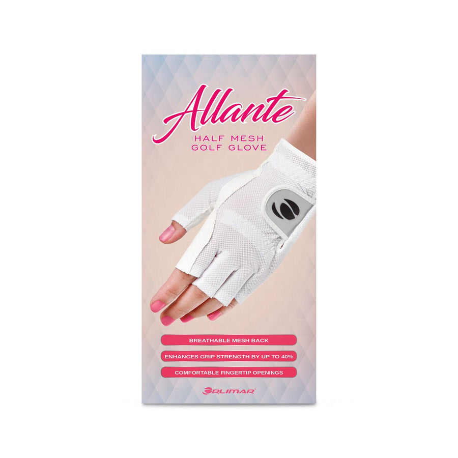 retail packaging of the Orlimar Allante Half-Finger Golf Glove