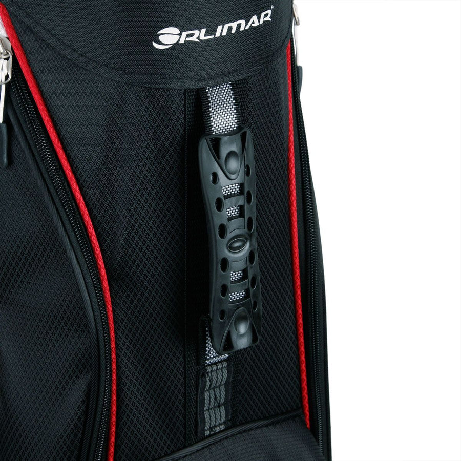 ergonomic carry handle with slots to hold golf tees on an Orlimar CRX 14.6 Black/Red Golf Cart Bag