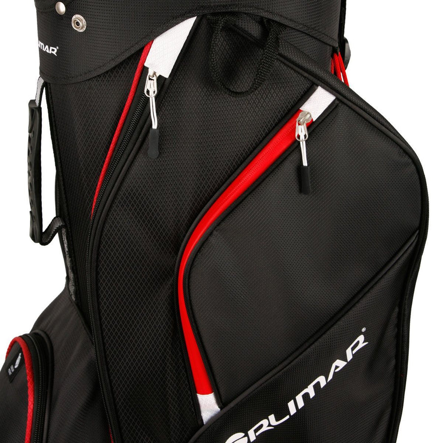 side zippered pockets on an Orlimar CRX 14.6 Black/Red Golf Cart Bag