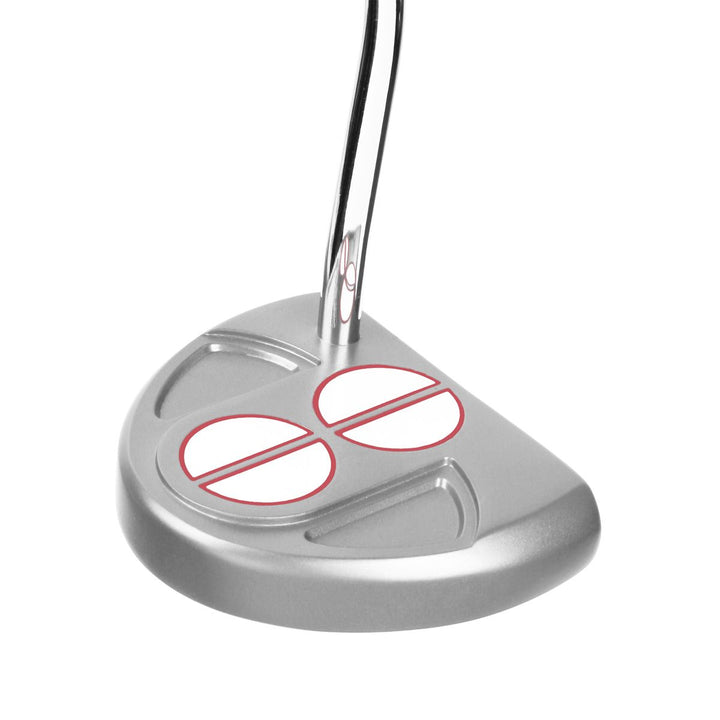 top angled view of a silver Orlimar F60 Putter with two half circle alignment guides