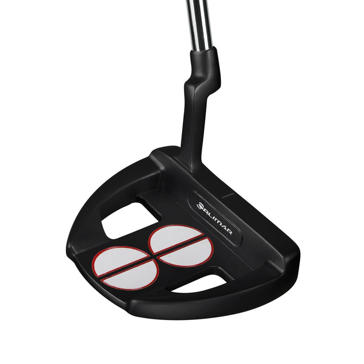angled top and rear view of a right handed black Orlimar F75 Putter with two half circle alignment guides