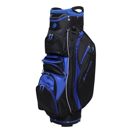 angled front and right side of a black/blue Orlimar CRX Cooler Cart bag
