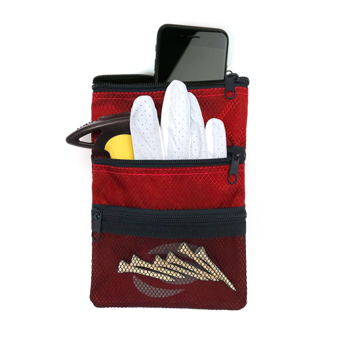 front view of a red Orlimar Golf Detachable Accessory Pouch with cell phone, white glove and 6 natural golf tees inside the mesh pocket