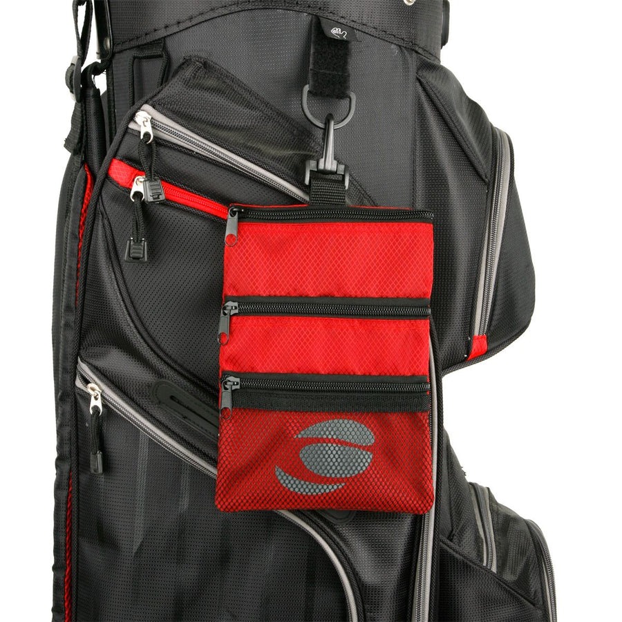cherry red Orlimar Golf Detachable Accessory Pouch attached to a black golf bag with clip
