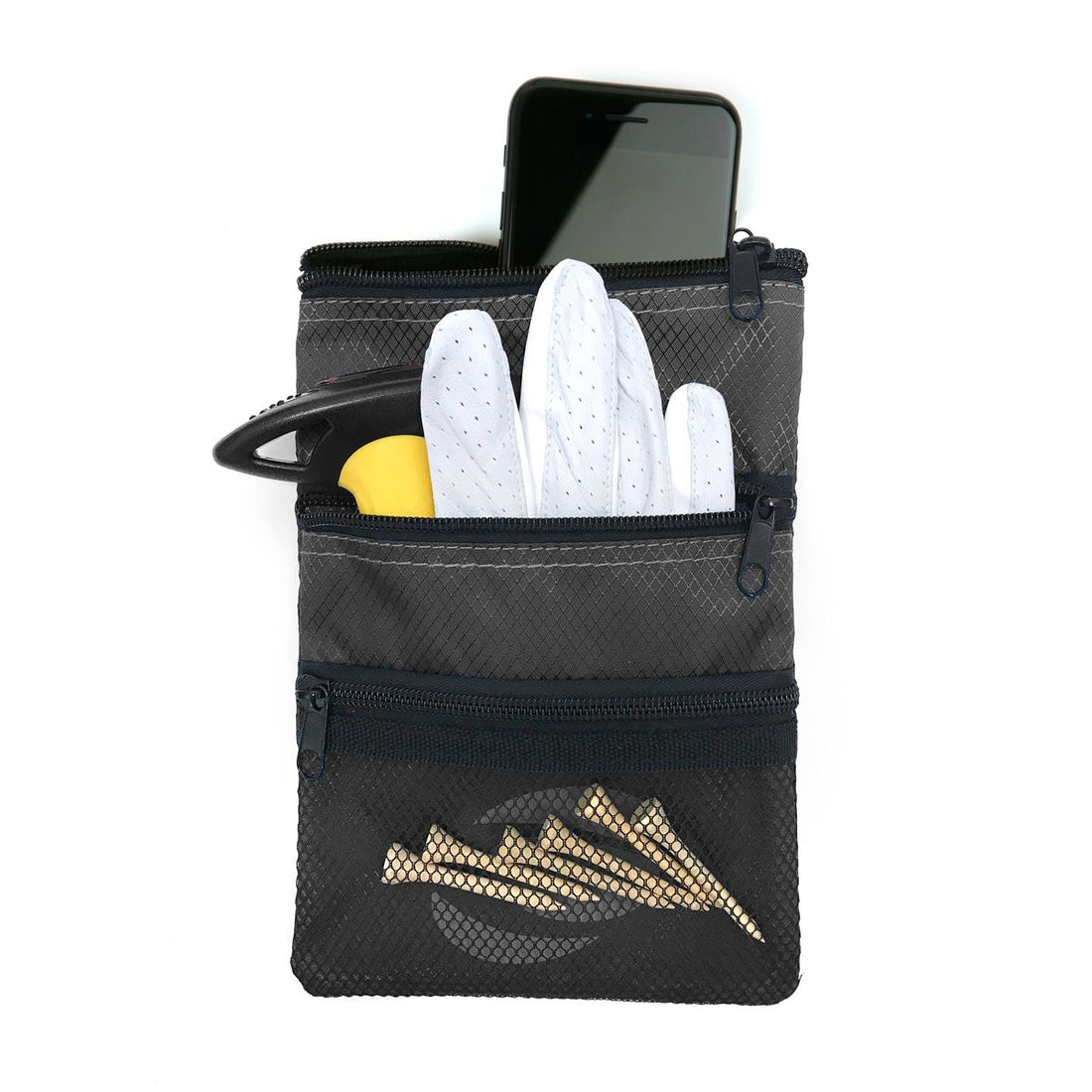 front view of a black Orlimar Golf Detachable Accessory Pouch with cell phone, white glove and 6 natural golf tees inside the mesh pocket