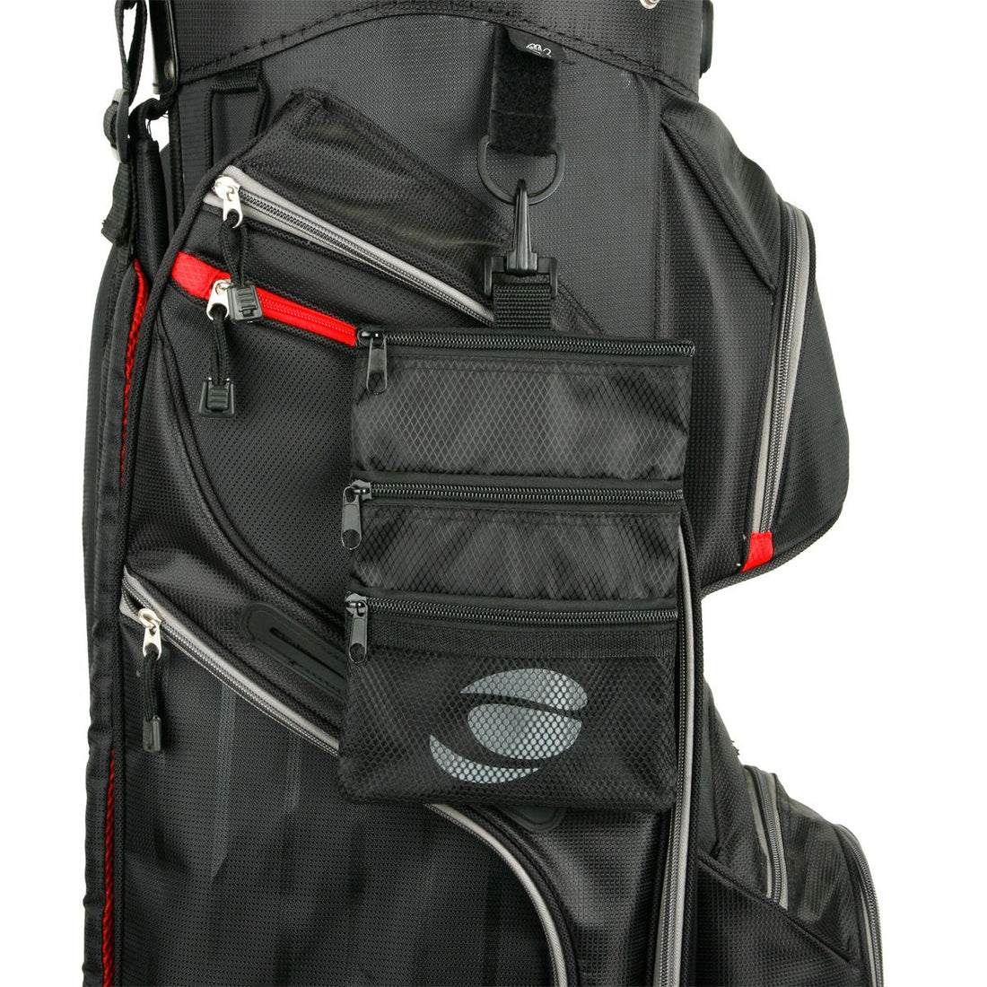 black Orlimar Golf Detachable Accessory Pouch attached to a black golf bag with clip