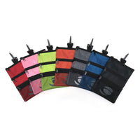 7 different colored Orlimar Golf Detachable Accessory Pouches fanned out