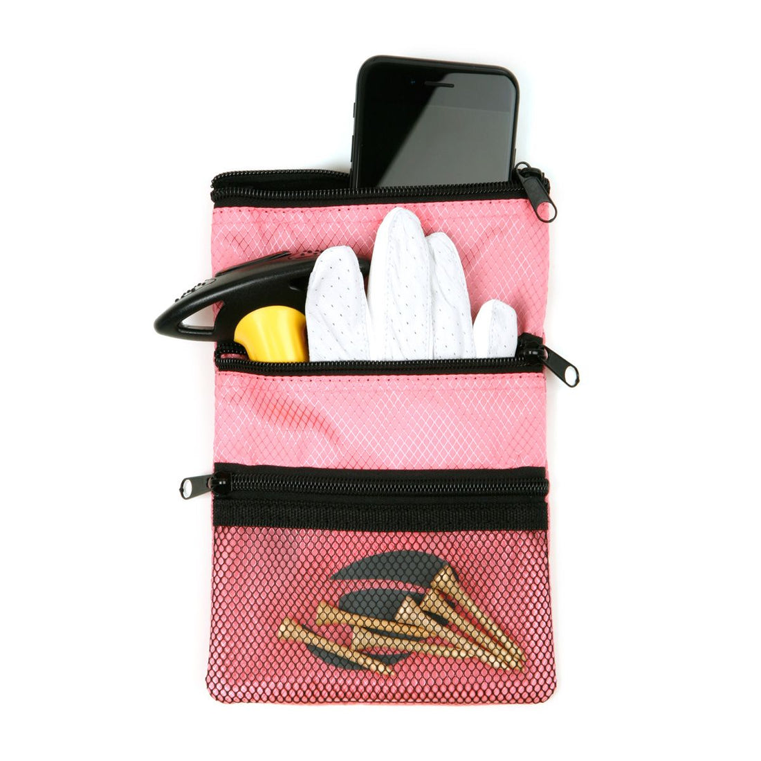 front view of a pink Orlimar Golf Detachable Accessory Pouch with cell phone, white glove and 6 natural golf tees inside the mesh pocket