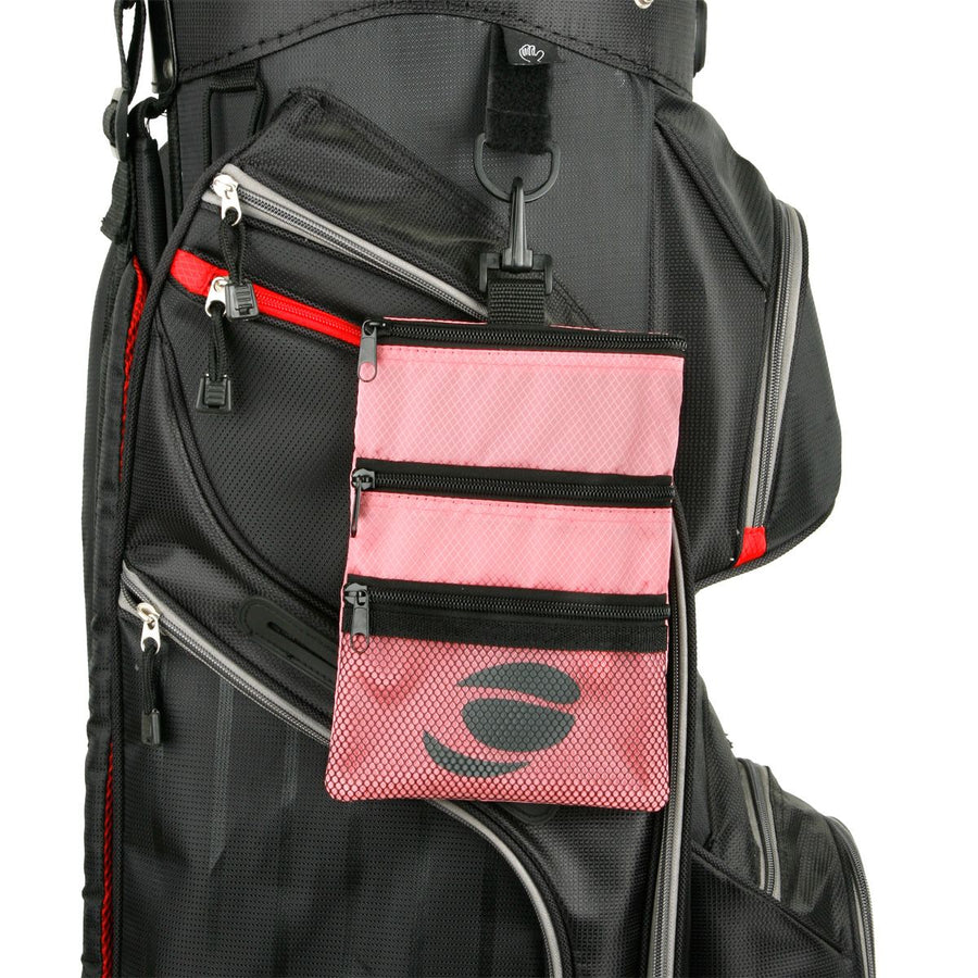 rose pink Orlimar Golf Detachable Accessory Pouch attached to a black golf bag with clip