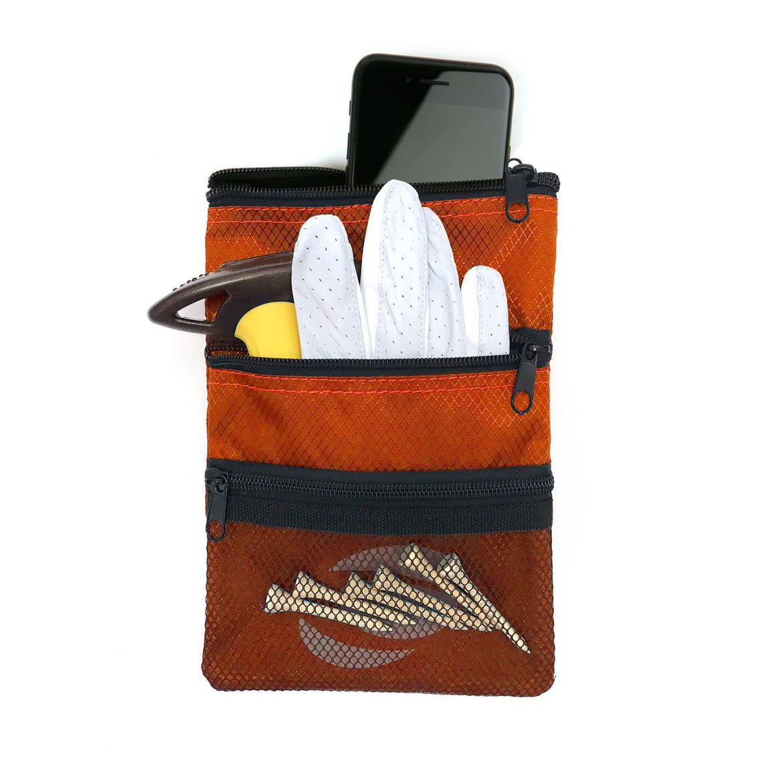 front view of a burnt orange Orlimar Golf Detachable Accessory Pouch with cell phone, white glove and 6 natural golf tees inside the mesh pocket