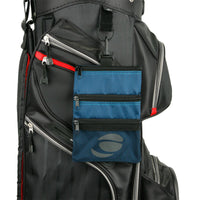 denim blue Orlimar Golf Detachable Accessory Pouch attached to a black golf bag with clip